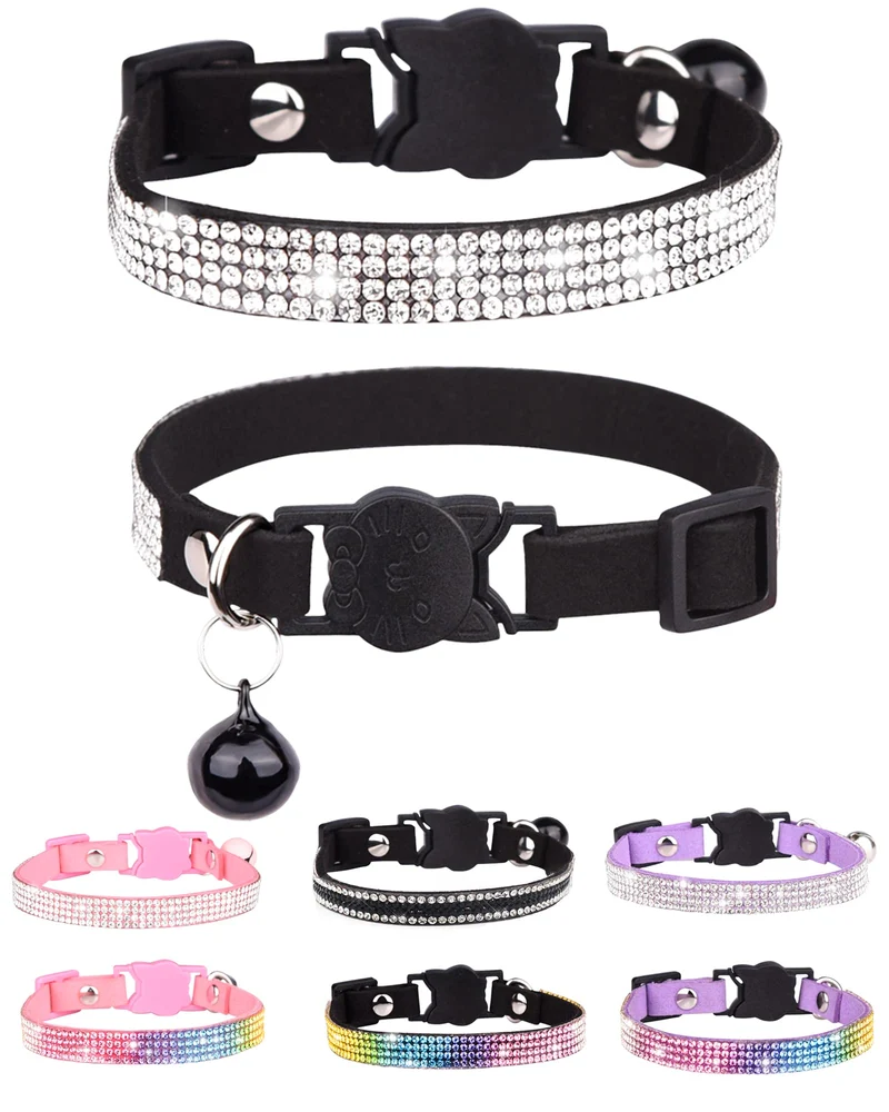 Aecllcea Collier Chat Fille Noir – Velours Doux, Rhinestones, Boucle à Rupture, Cloche, Ajustable