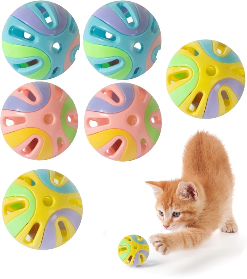 ANJOBIBI Balle de Jouet Chat Colorée 1,9 Pouces – Ensemble 6 Balles avec Cloche et Design Interactif