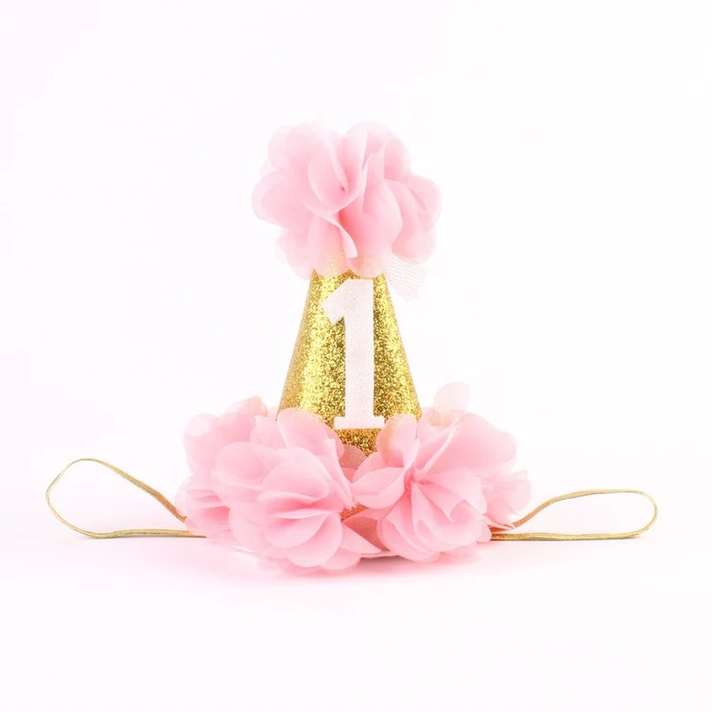 Stock Show Chapeau conique de fête pour animaux – Premier anniversaire, pour chiens et chats, fleurs et bandeau ajustable (rose)