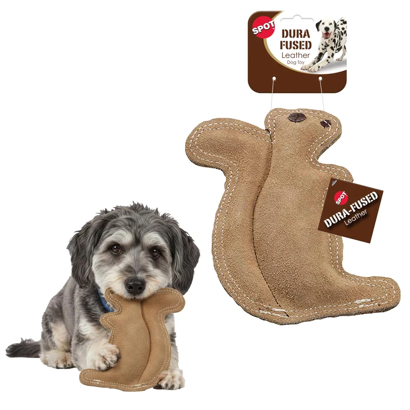 SPOT Écureuil en Cuir Dura-Fused – Jouet Chien en Cuir Véritable et Tissu Jute, Couture Double, Sifflet Intégré
