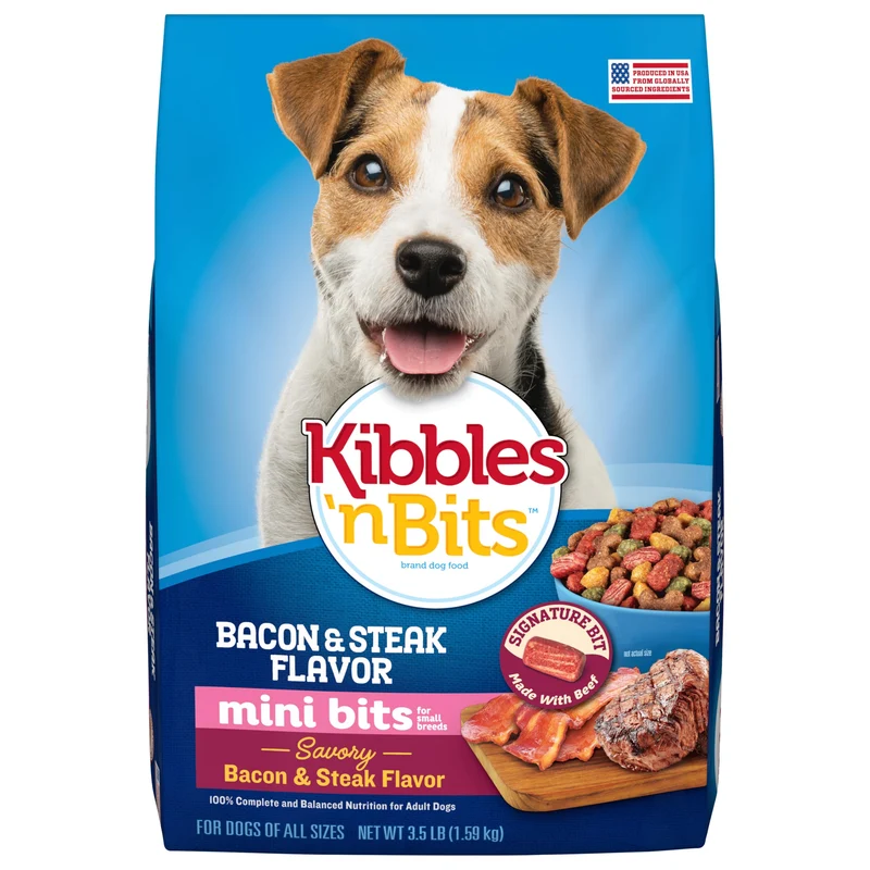 Kibbles 'n Bits Mini Bits – Nourriture Sèche pour Petits Chiens, Saveur Bacon et Steak – Sachet 3,5 lb