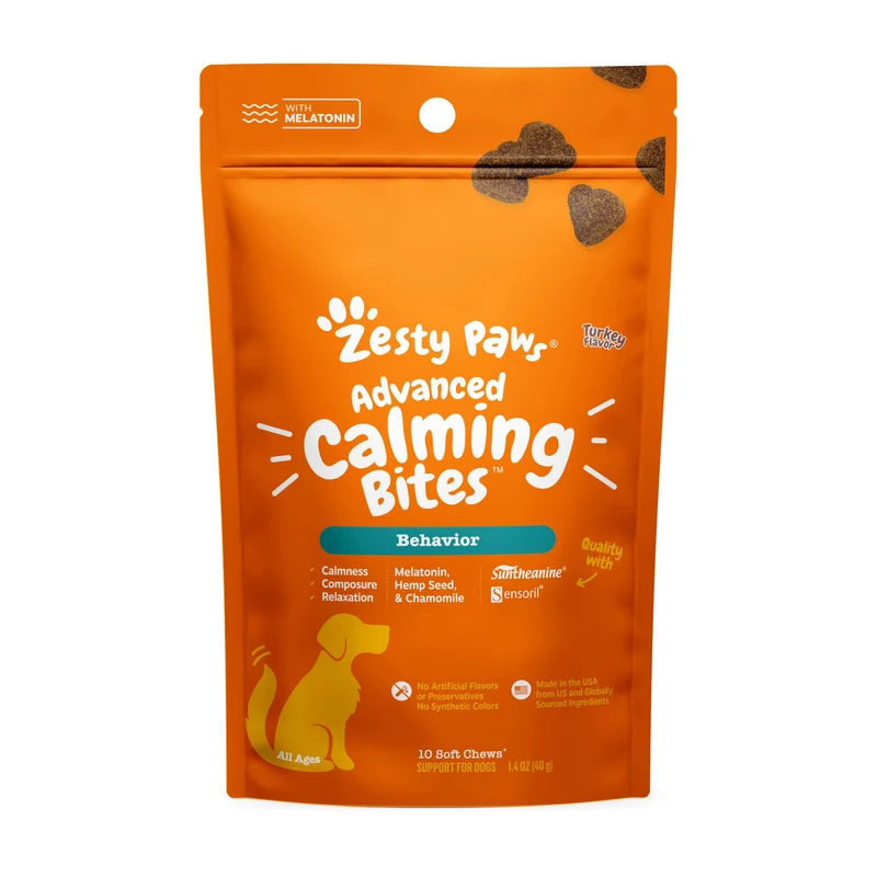 Zesty Paws Friandises Apaisantes pour Chiens – Calme et Relaxation Quotidienne, Mélatonine Avancée, 10 bouchées