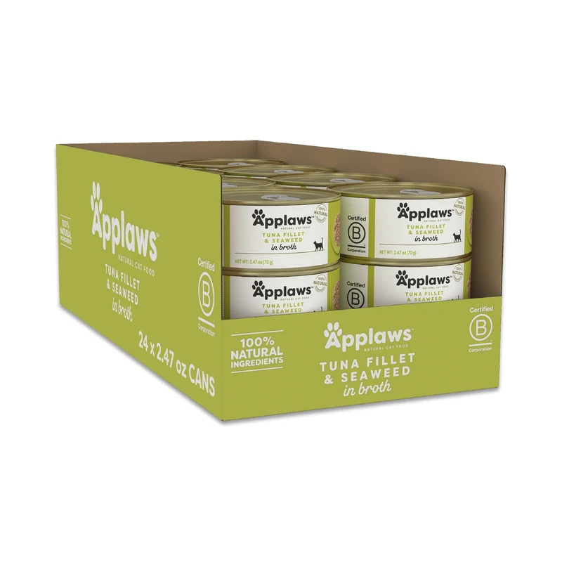Applaws Nourriture humide naturelle pour chat — Thon avec algues en bouillon, 24 x 70 g (ingrédients limités)