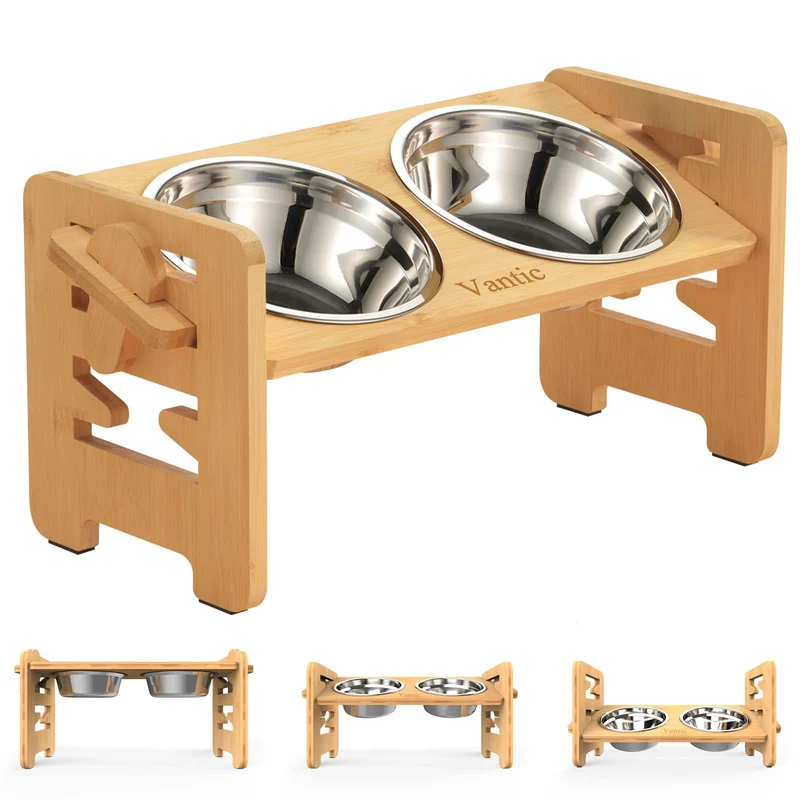 Vantic – Gamelles surélevées pour chiens et chats, support en bambou réglable