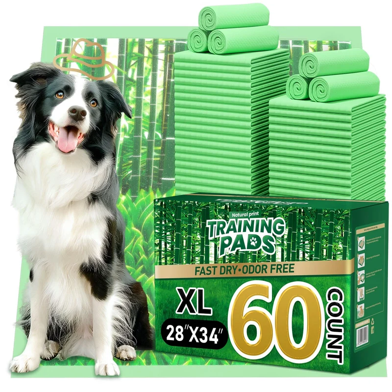 DOGGO DOUG Tapis d'entraînement XL pour chiots – 60 pièces, 28x34, anti-odeur, étanche, super absorbant, 6 couches, motif bambou