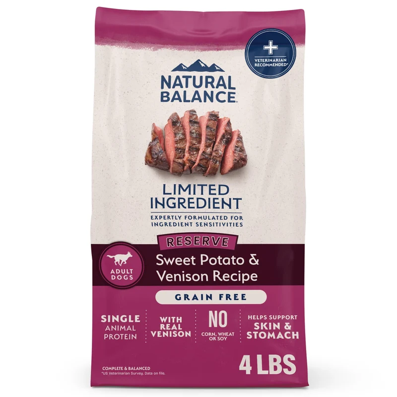 Natural Balance Aliments Secs pour Chiens Adultes – Venaison & Patate Douce, Ingrédients Limités, Sans Céréales, Sac 4 Lbs