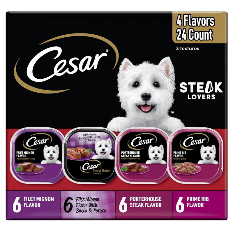 CESAR Steak Lovers – Nourriture humide pour chien adulte, barquettes 3,5 oz, lot de 24