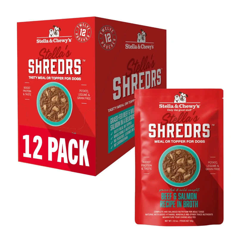 Stella & Chewy's – Poches Shredrs Boeuf nourri à l’Herbe et Saumon Sauvage – Repas Premium pour Chiens, Lot de 12 x 2,8 oz
