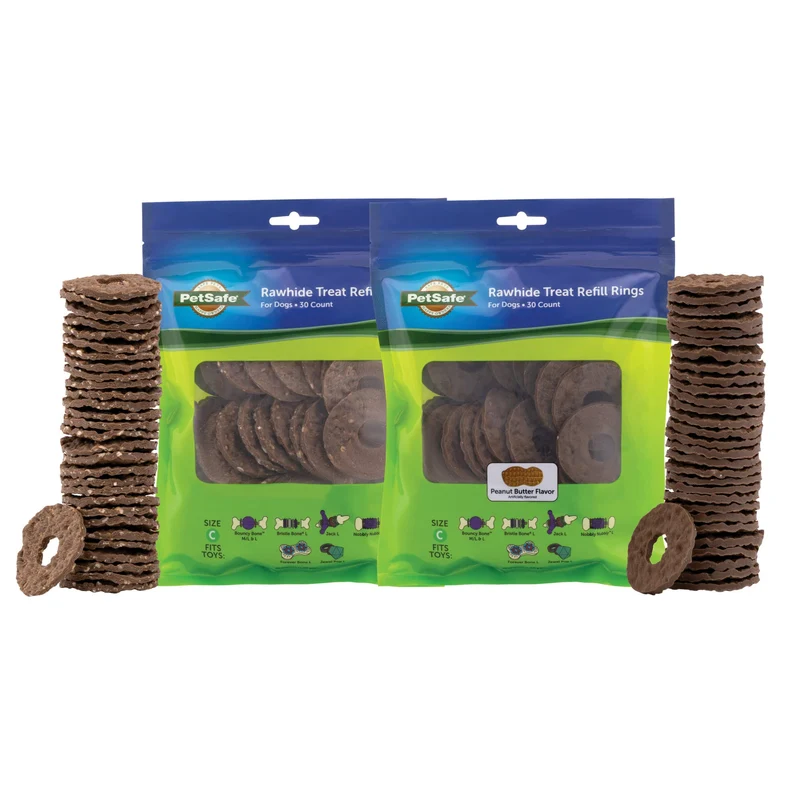 PetSafe Busy Buddy – Pack Variété Anneaux de Friandises Grand – Saveurs Beurre de CACAHUÈTE & Cuir Brut Original – 60 pièces