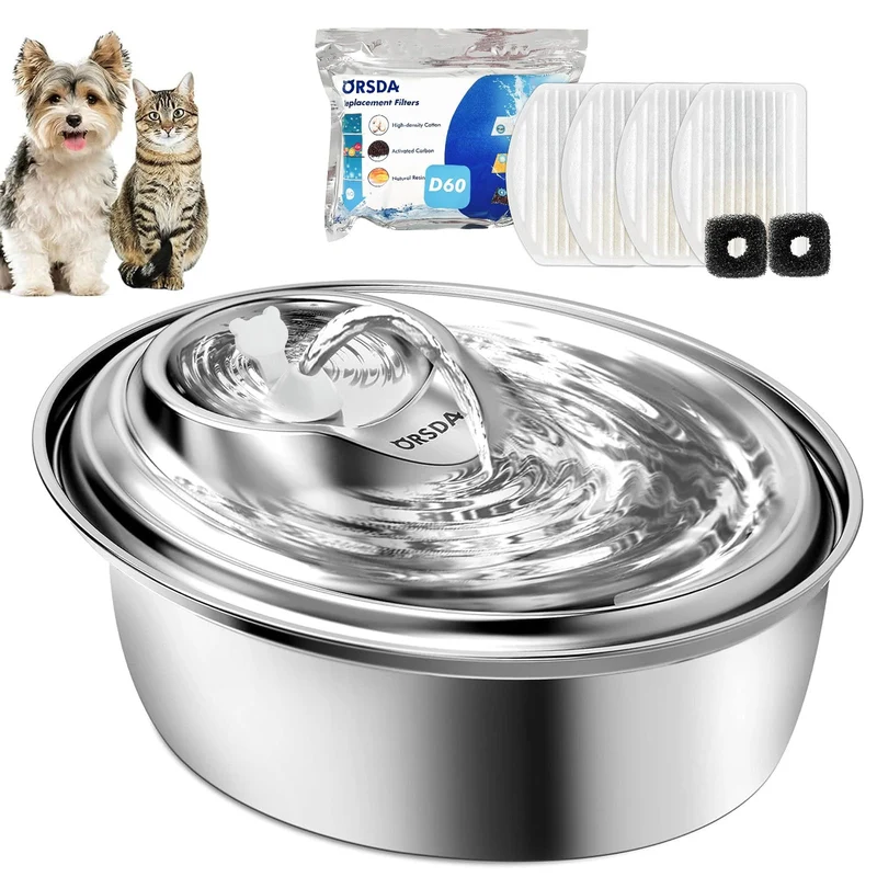 ORSDA Fontaine d'eau pour chats et chiens en inox 3L — Distributeur automatique avec flux réglable et 6 filtres de remplacement