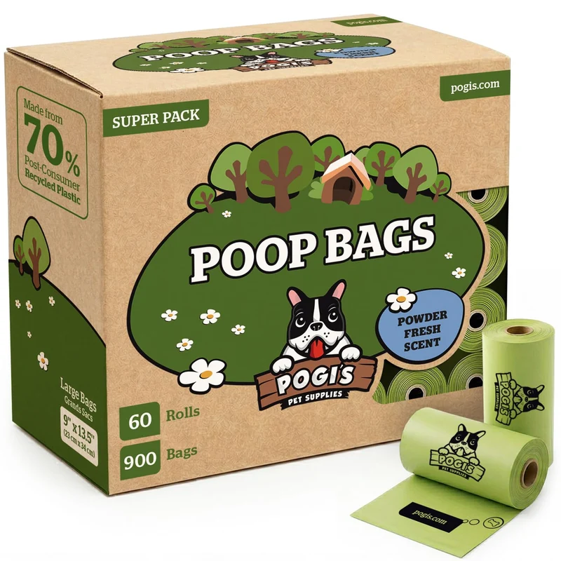 Pogi’s Dog Poop Bags – Sacs canins ultra-épais et anti-fuites (parfum frais, 60 rouleaux, 900 sacs)