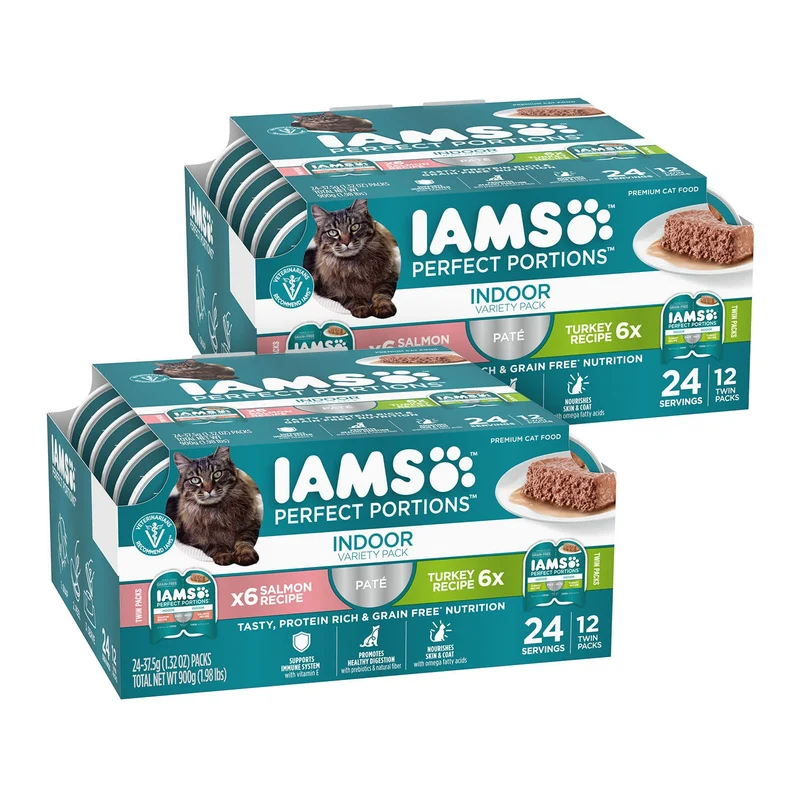 IAMS Perfect Portions – Pâté humide sans céréales pour chat adulte d’intérieur, Dinde et Saumon, 2 x 2,6 oz – Paquets jumelés (24 portions)