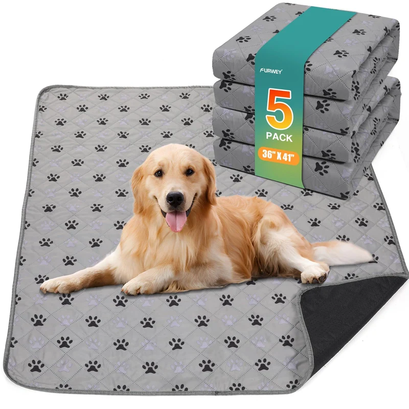 FURWEY 5 Pack Tapis-Pipi Lavables pour Chiens – Grand Format 36x41 po, Absorbants et Antidérapants
