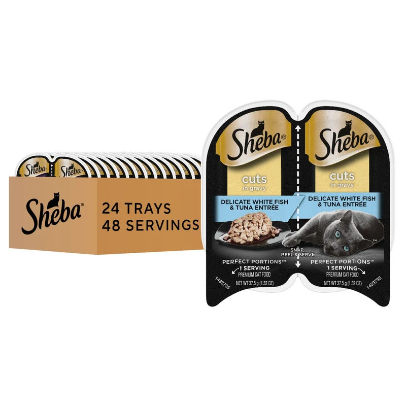 Sheba Portions Parfaites en Sauce – Morceaux en Sauce pour Chat Poisson Blanc & Thon, 24 Plateaux Jumelés (48 Portions)