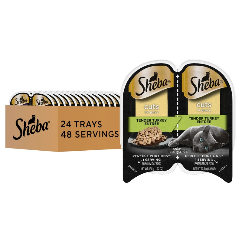 Sheba Portions Parfaites – Morceaux de Dinde dans Sauce au Jus, 24 Barquettes, 2 Portions