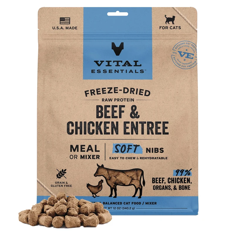 Vital Essentials – Nourriture pour chat lyophilisée au boeuf et poulet cru, bouchons souples | Repas complet ou topper | 99% protéines animales | Sans cereales, sachet 340 g