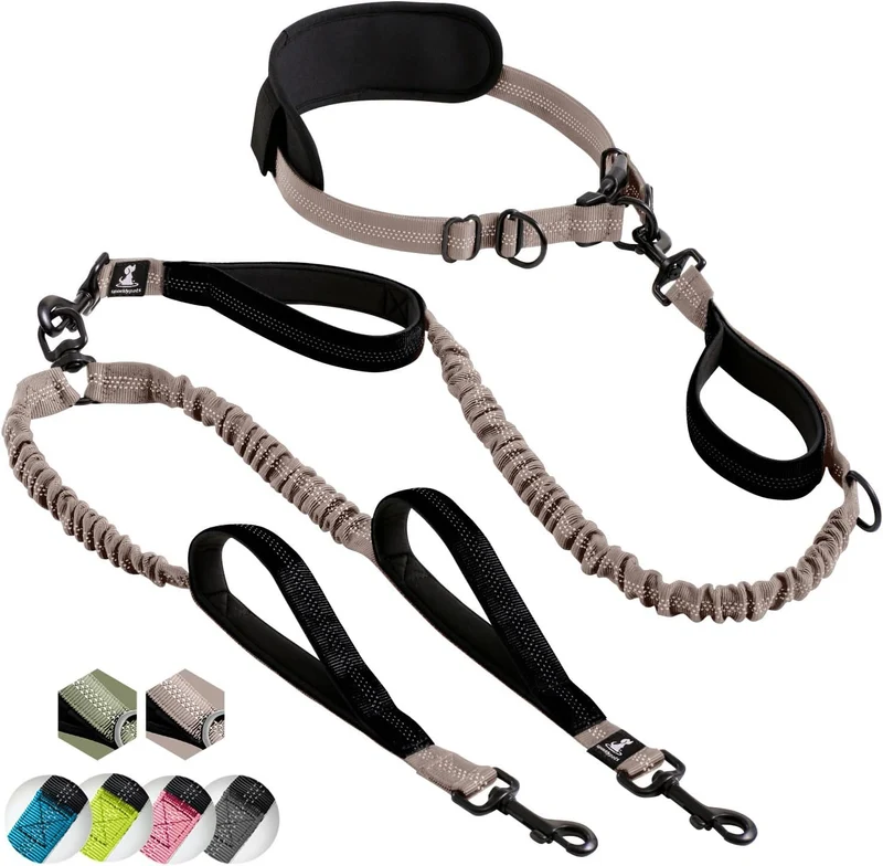 SparklyPets Laisse Double Sans Tirage – Mains Libres pour 2 Chiens Moyens/Grands (Marron)