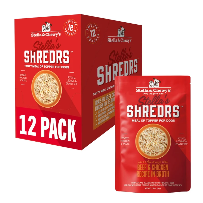 Stella & Chewy's Shredrs Boeuf et Poulet — Sachets Premium 12 x 2,8 oz Sans Céréales
