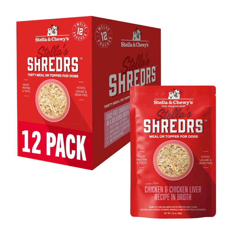 Stella & Chewy's Shredrs Cage Free – Sachets Premium Chien, Poulet & Foie, 12 x 2,8 oz
