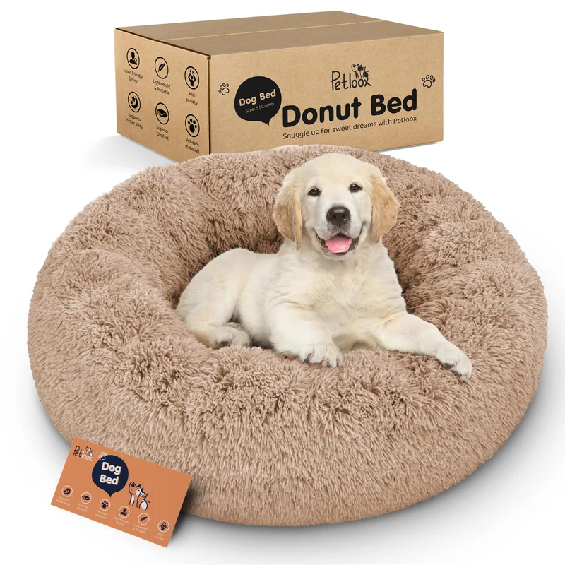 Lit pour chien en forme de beignet Petloox – Confort moelleux et design apaisant (sable, petit)