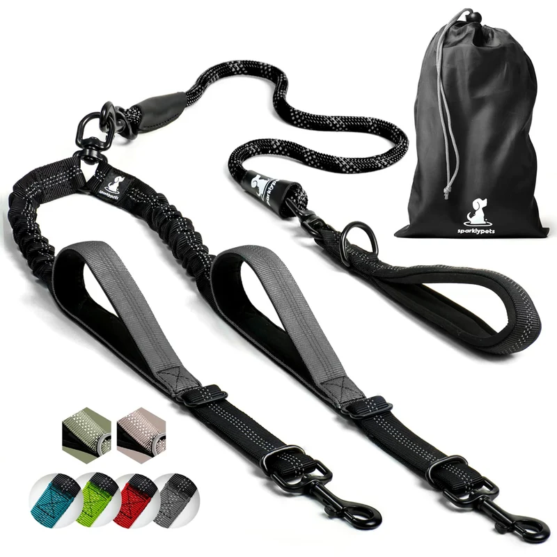 SparklyPets Laisse Double pour Deux Chiens – Corde Bungee, Poignées Rembourrées, Anti-Enchevêtrement (M/L, Noir)