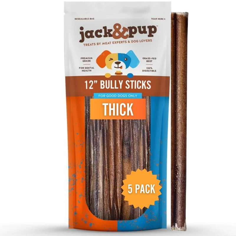 Jack&Pup 12 pouces – Bâtonnets Épais pour Gros Chiens (5 pièces) – Sans Odeur | Jack&Pup