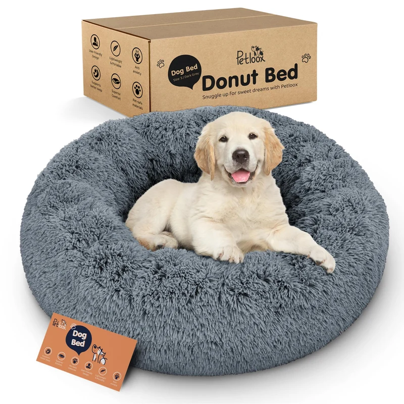 Petloox Donut pour chien – Confort premium et design ultra-douillet (Gris Foncé, Petit)