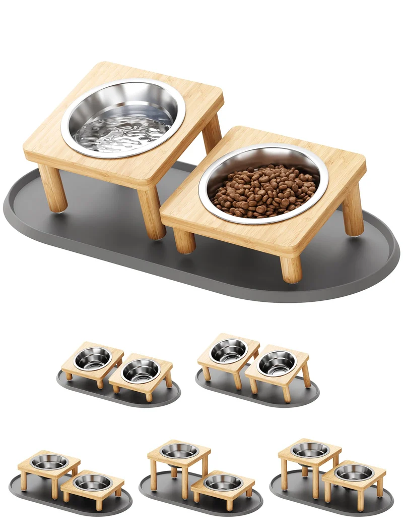 NiHome – Gamelles Chat Élevées en Bois avec Tapis, 5 Postures d’Alimentation et Bols Inox