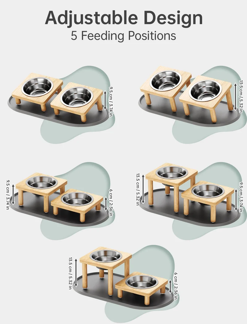 NiHome – Gamelles Chat Élevées en Bois avec Tapis, 5 Postures d’Alimentation et Bols Inox