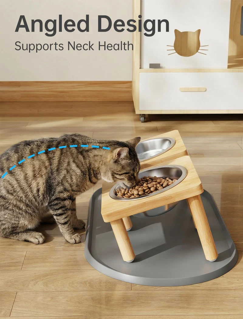 NiHome – Gamelles Chat Élevées en Bois avec Tapis, 5 Postures d’Alimentation et Bols Inox