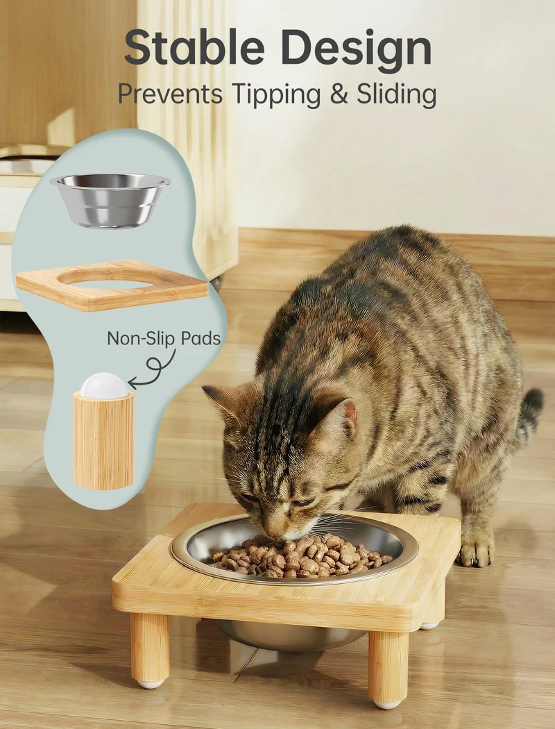 NiHome – Gamelles Chat Élevées en Bois avec Tapis, 5 Postures d’Alimentation et Bols Inox