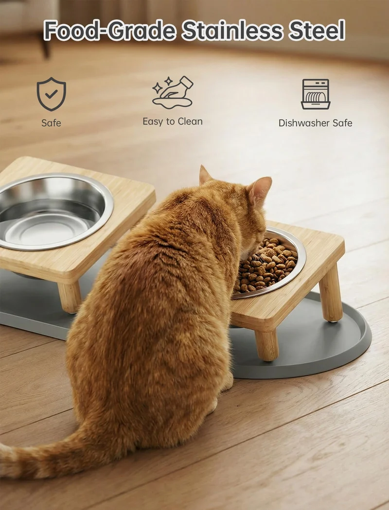 NiHome – Gamelles Chat Élevées en Bois avec Tapis, 5 Postures d’Alimentation et Bols Inox
