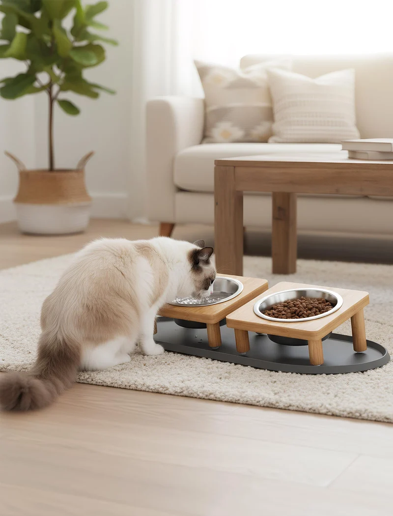 NiHome – Gamelles Chat Élevées en Bois avec Tapis, 5 Postures d’Alimentation et Bols Inox