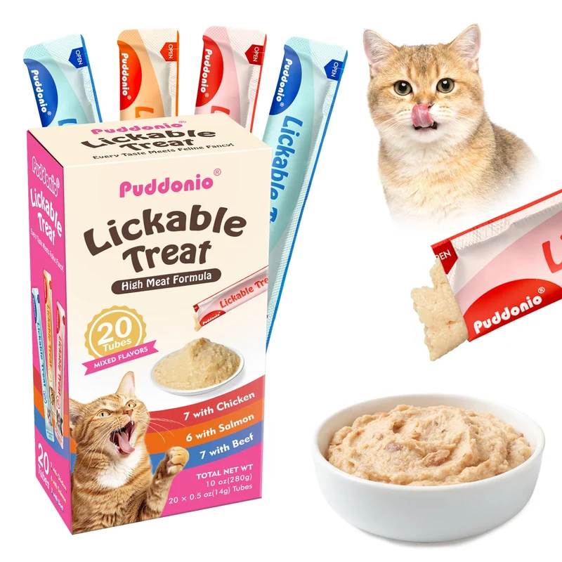 Puddonio Friandises à Lécher pour Chat – Purée de Viande, Sans Céréales, Protéines Élevées, 20 Tubes de 0,5 oz