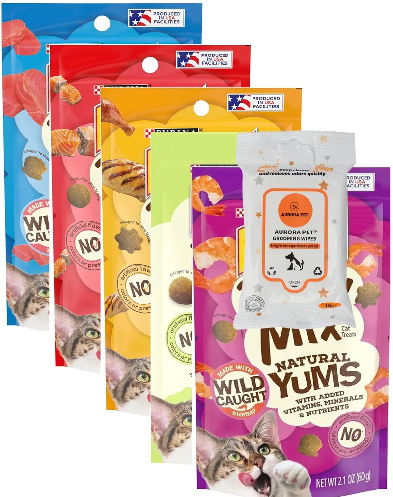 Aurora Pet Variété Natural YUMS pour Chats (Saumon, Thon, Poulet, Crevette, Cataire) 2,1 oz + Lingettes 10 ct