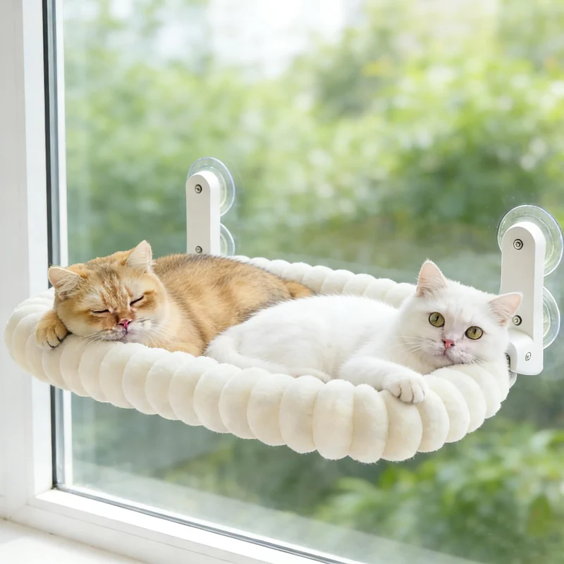 Zoratoo Perchoir Fenêtre pour Chat avec Bolster – Ventouses Fortes et Cadre Métallique (Blanc, Taille Moyenne)