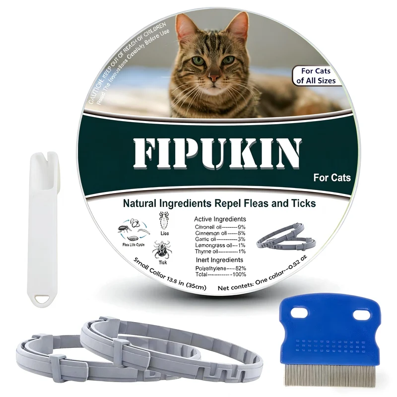 Fipukin Collier Anti-Puces pour Chats – Protection 8 Mois, Imperméable | Kit Peigne & Outil Retrait Tiques
