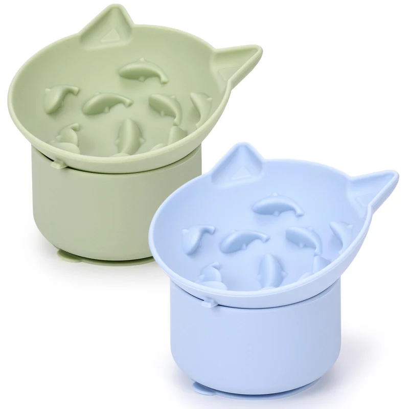 Funnymoom 2 Pack Bol Chat Lentisseur en Silicone – Élevé et Inclinable (Bleu & Vert)