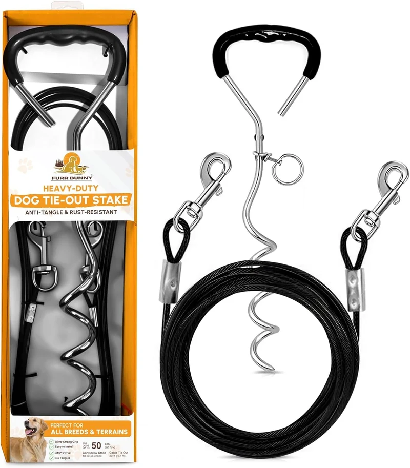 FURR BUNNY Câble-longe et Piquet pour Chien Moyen (≤50 lb) – Anti-Emmêlement, Pivot à 360°, Longe de 20 pieds