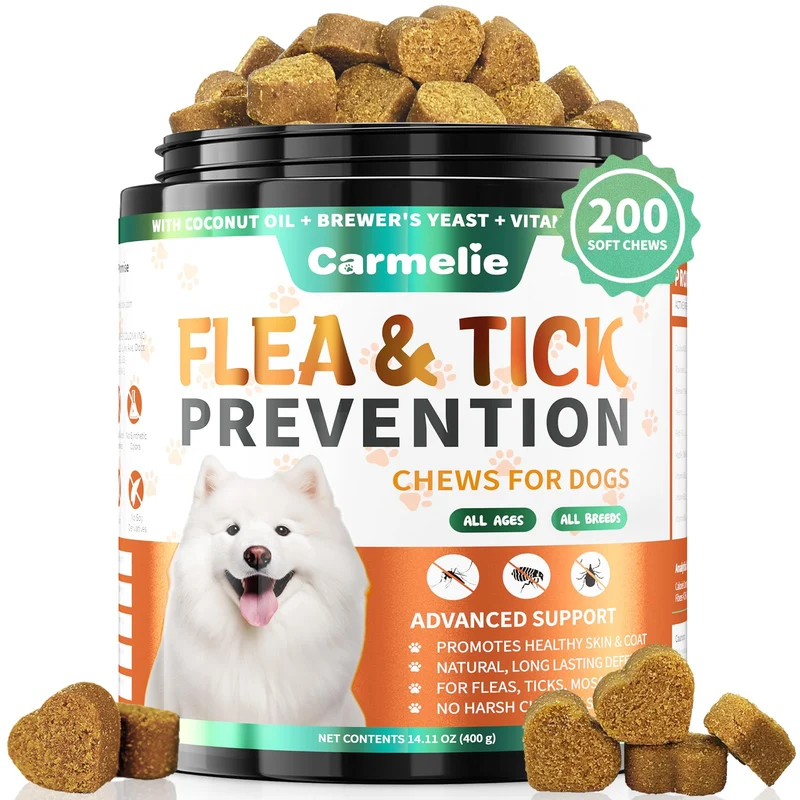 Carmelie – Prévention naturelle puces et tiques pour chiens – 200 bouchées molles saveur canard