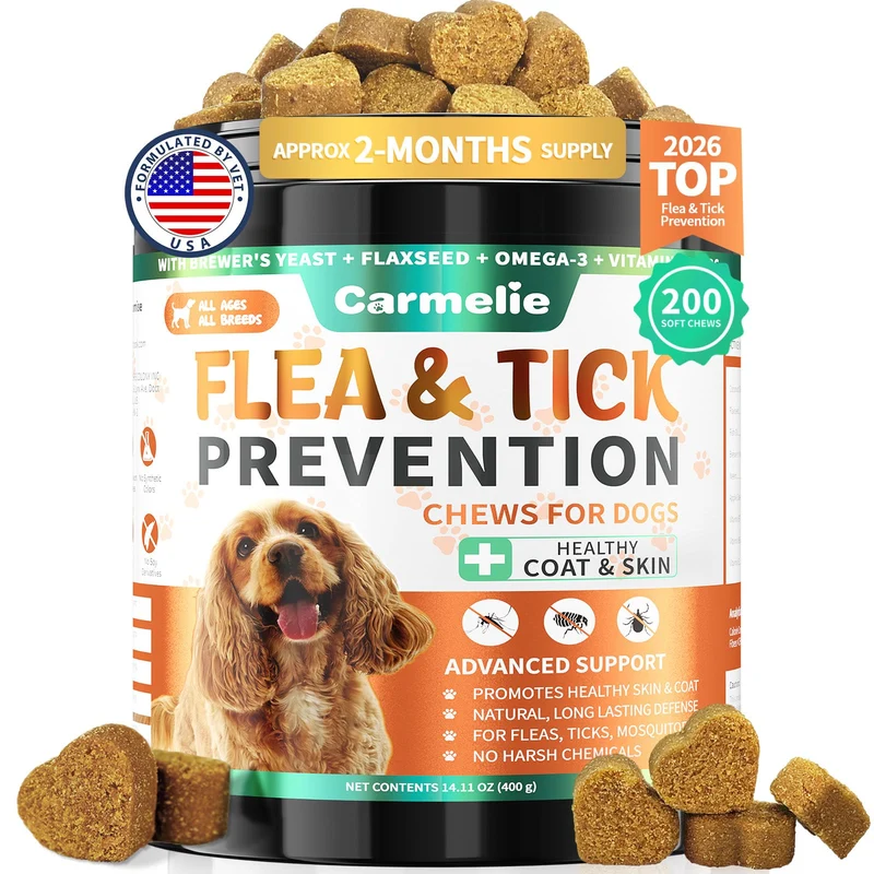 Carmelie – Prévention Puces et Tiques pour Chiens – 200 Gommes Naturelles au Poulet