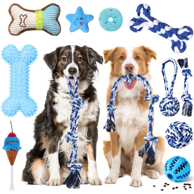 Vinsot – Lot de 12 jouets pour grands chiens : corde, os, boules et peluches