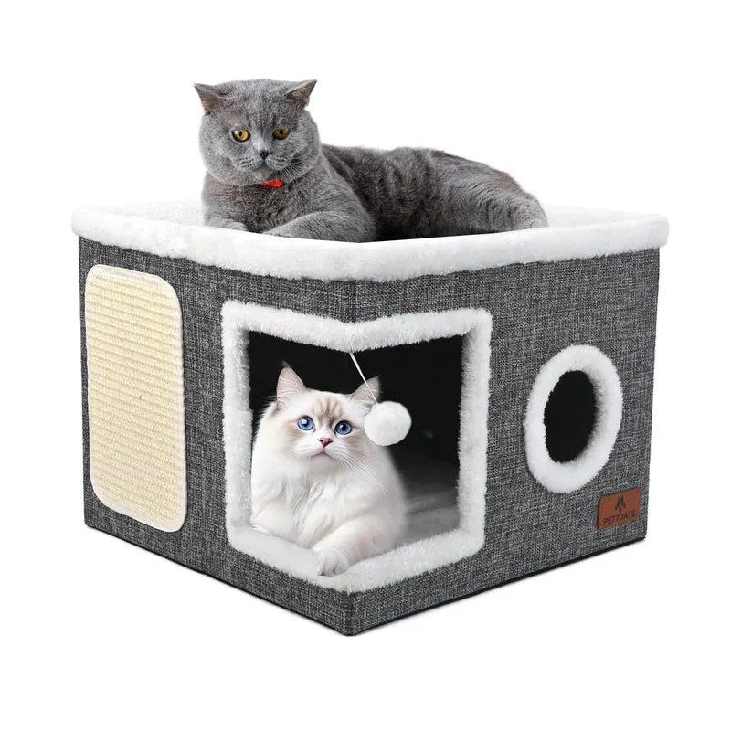 PETTDATE – Cabane et lit pour chats d’intérieur 2-en-1, Cachette et Plateforme, Coussin réversible, Gris