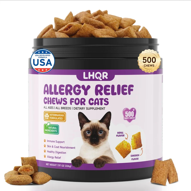 LHQR 500 Gommes Allergie Chat – Soulagement des démangeaisons et du pelage, Omega 3 & Probiotiques