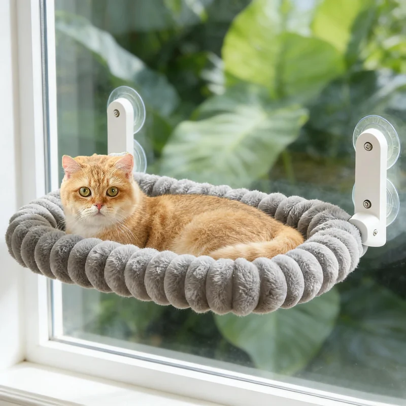 Zoratoo Perchoir de Fenêtre pour Chat – Coussin, Cadre Métal, Ventouses Puissantes, Lavable (Gris, Taille Moyenne)