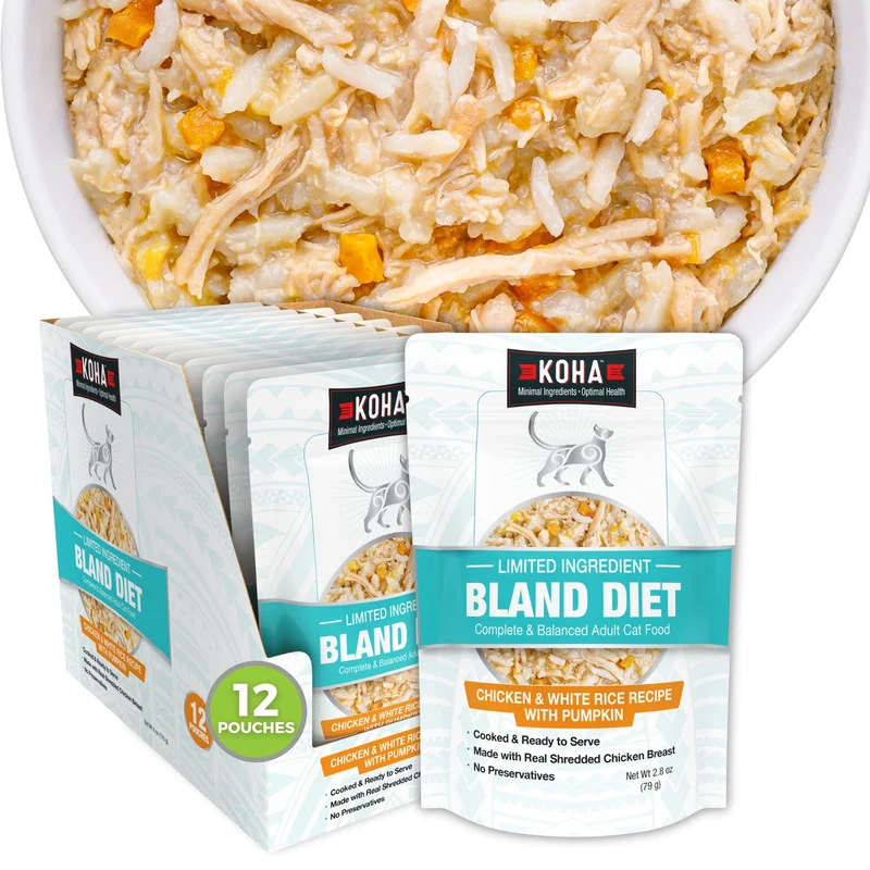 KOHA Bland Diet pour chats — Poulet et riz, alimentation humide pour estomacs sensibles, 12 sachets de 2,8 oz