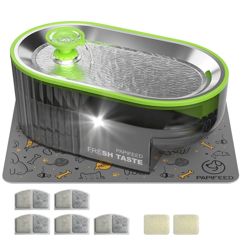 Fontaine pour chat PAPIFEED en acier inoxydable – 2,5 L, pompe silencieuse, fenêtre de niveau et lumière douce (Vert)