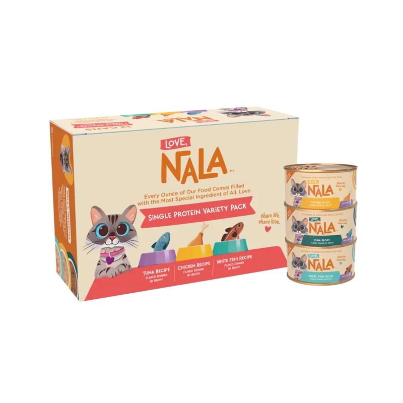 LOVE, NALA – Assortiment de Nourriture Humide pour Chats à Protéines Simples (Poulet, Thon et Poisson Blanc) – Sans Céréales, Bouillon Hydratant, Sans OGM, Protéine de Qualité Humaine – 12 Boîtes de 79 g