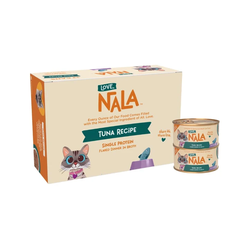 LOVE, NALA – Alimentation humide pour chat au thon à protéine unique en flocons, bouillon hydratant, sans céréales, sans OGM, sans gums, sans carraghénane – 2,8 oz, 12 boîtes