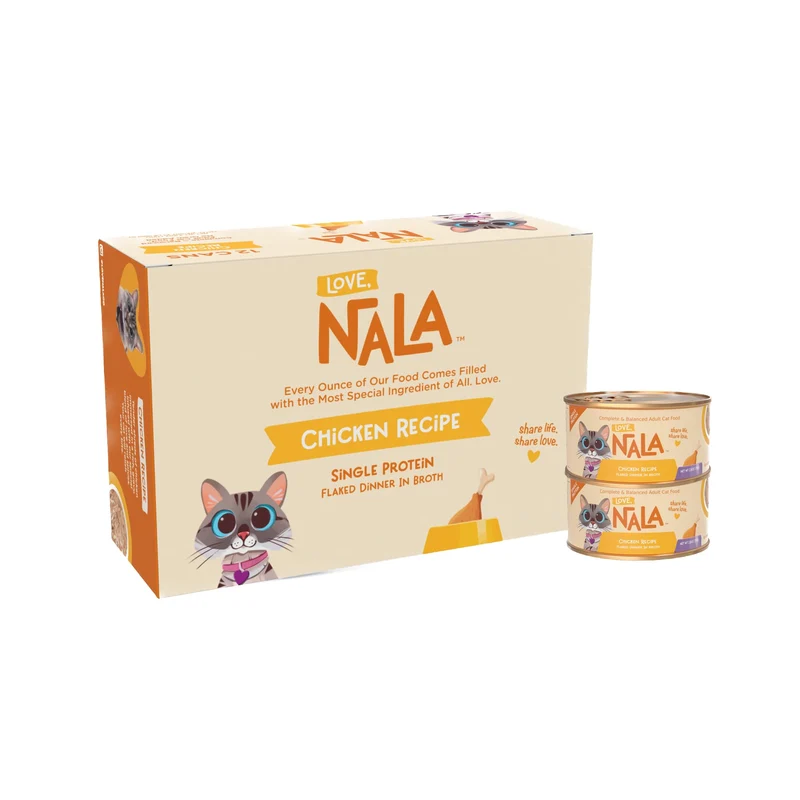 LOVE, NALA — Nourriture humide pour chat à protéine unique: poulet en flocons, bouillon hydratant, naturel, sans céréales, sans OGM, 12 boîtes de 80 g